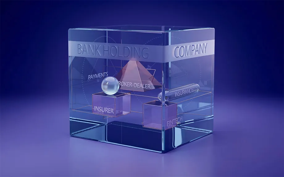 AI generated image of a glass square vessel with glass squares and pyramid inside with the words Bank Holding Company on the large vessel and insurer, fintech and broker-dealer on the small glass items inside it.