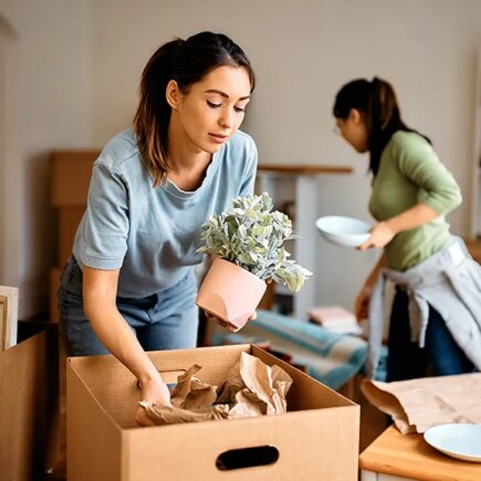 Young woman and her friend packing their belongings while preparing to move out of apartment.