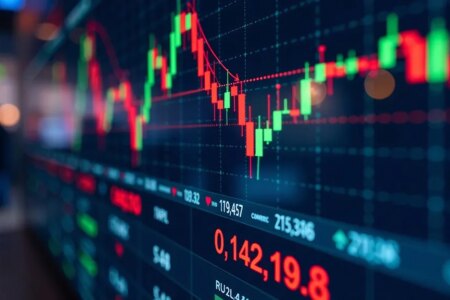 Close-up of a stock market chart displaying financial data and trading trends.
