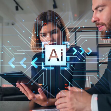 Businesspeople working together at office workplace. Concept of team work, business education, internet surfing, brainstorm, project information technology. Ai technology icons