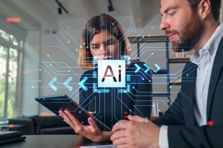 Businesspeople working together at office workplace. Concept of team work, business education, internet surfing, brainstorm, project information technology. Ai technology icons