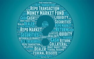 Illustration of a tag cloud in a circle with a large question mark. Some of the words are Federal Reserve, Dealer, Money Market Fund, Cash, Repo Market, Securities.