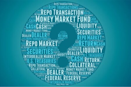 Illustration of a tag cloud in a circle with a large question mark. Some of the words are Federal Reserve, Dealer, Money Market Fund, Cash, Repo Market, Securities.