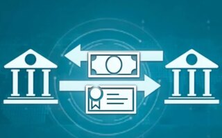 Illustration of two banks with a dollar bill and treasury notes going back and forth in between.