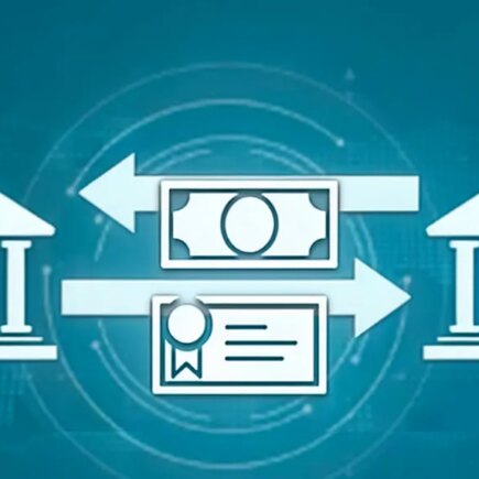 Illustration of two banks with a dollar bill and treasury notes going back and forth in between.