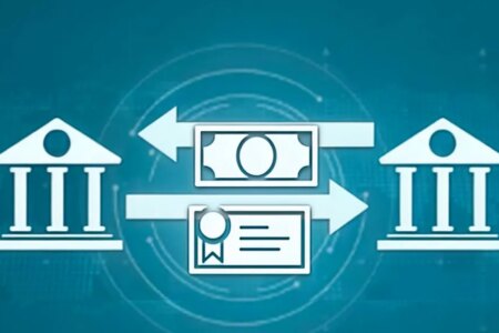 Illustration of two banks with a dollar bill and treasury notes going back and forth in between.