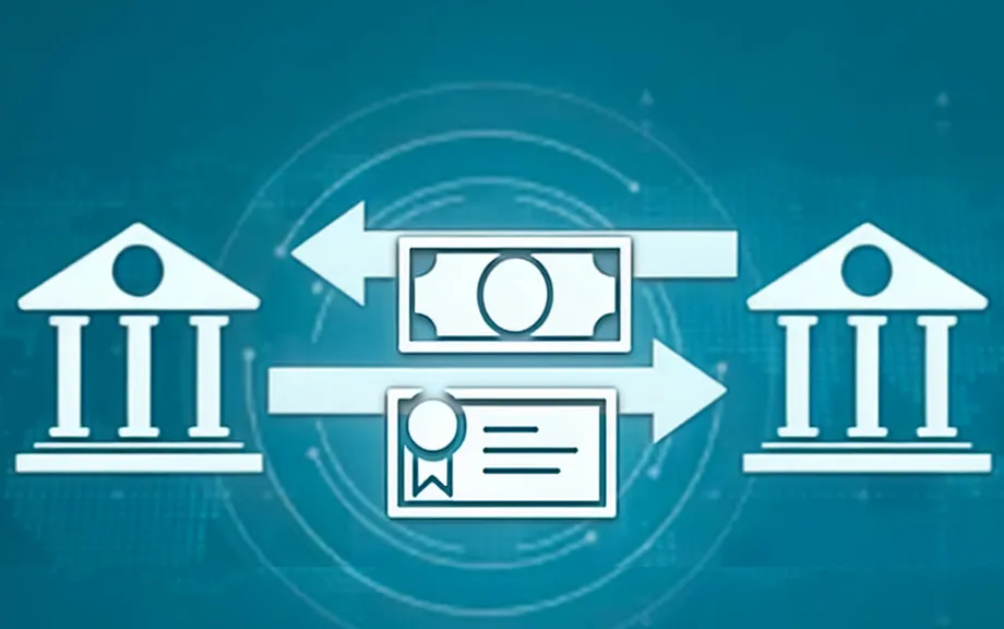 Illustration of two banks with a dollar bill and treasury notes going back and forth in between.