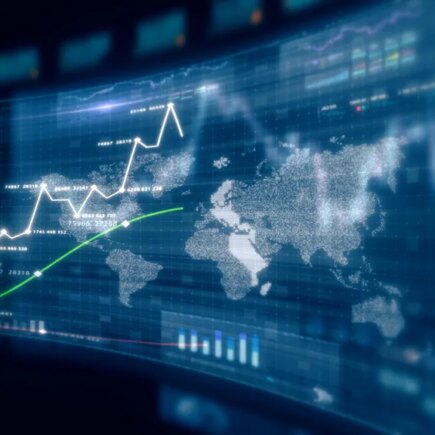 Futuristic global financial data visualization, world map and charts in dark blue