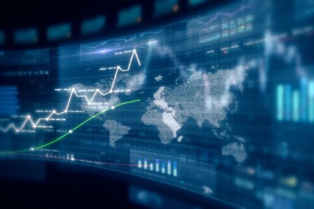 Futuristic global financial data visualization, world map and charts in dark blue