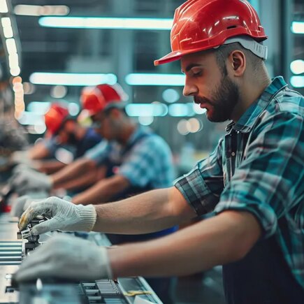 Assembly line workers adjusting machinery settings